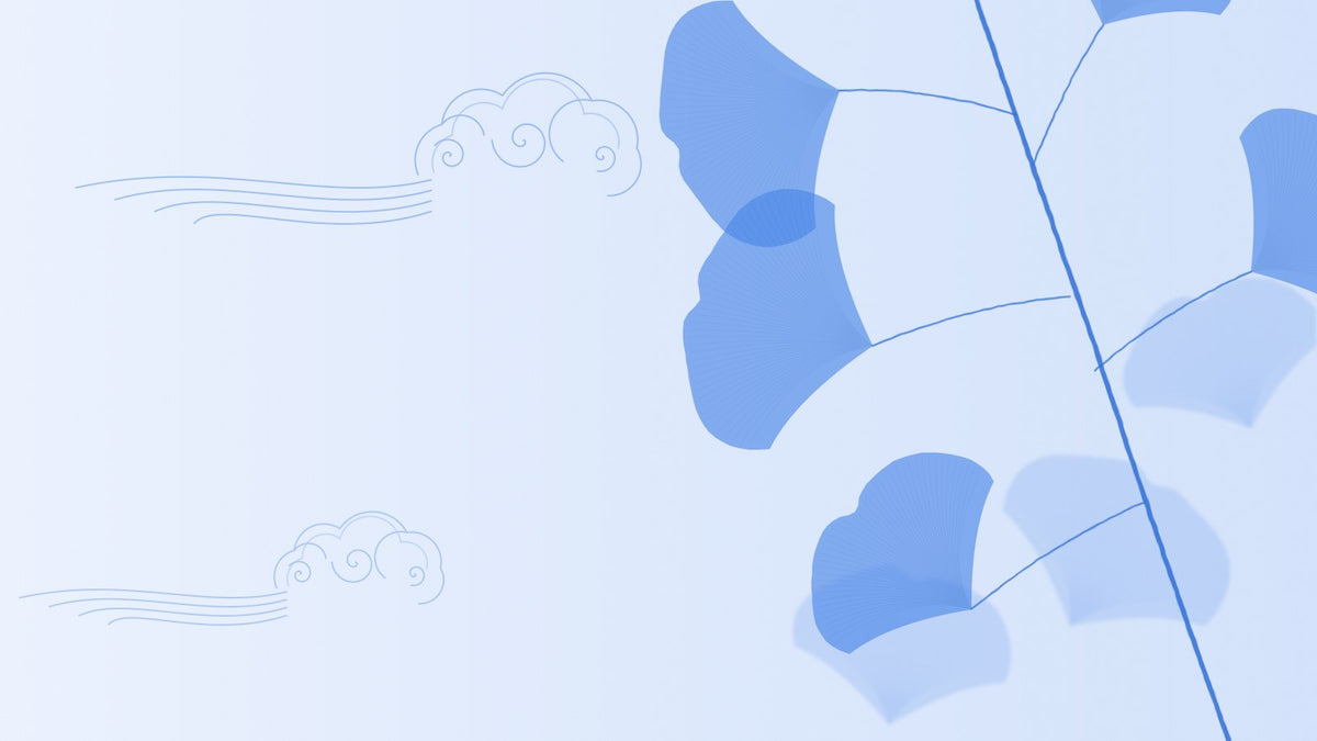Blue ginkgo leaves on a slender branch beside two line-drawn auspicious clouds, on a pale blue background