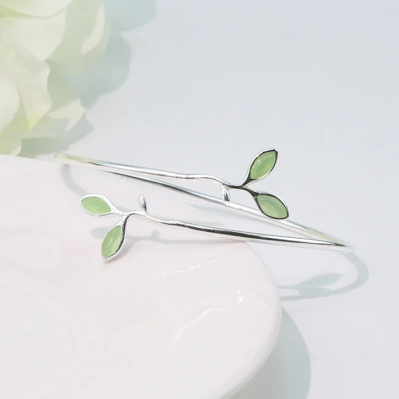Quiet Bloom | Green Leaf 925 Sterling Silver Bangle