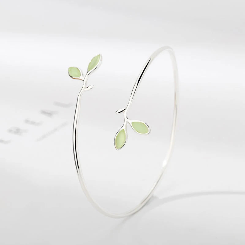 Quiet Bloom | Green Leaf 925 Sterling Silver Bangle