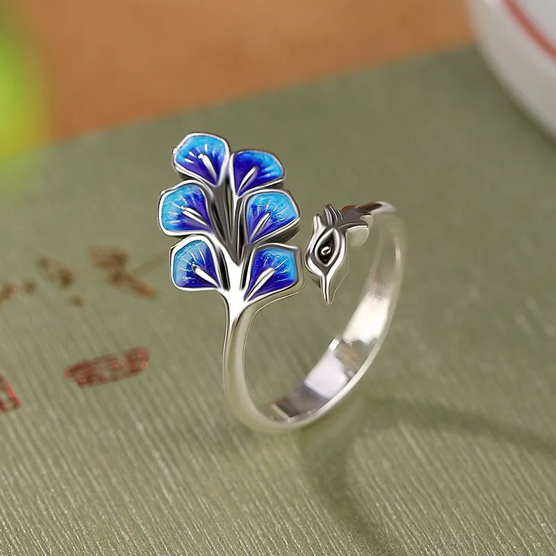 Peacock Whisper | Blue Enamel Adjustable Ring | Water Element Intuition Jewelry