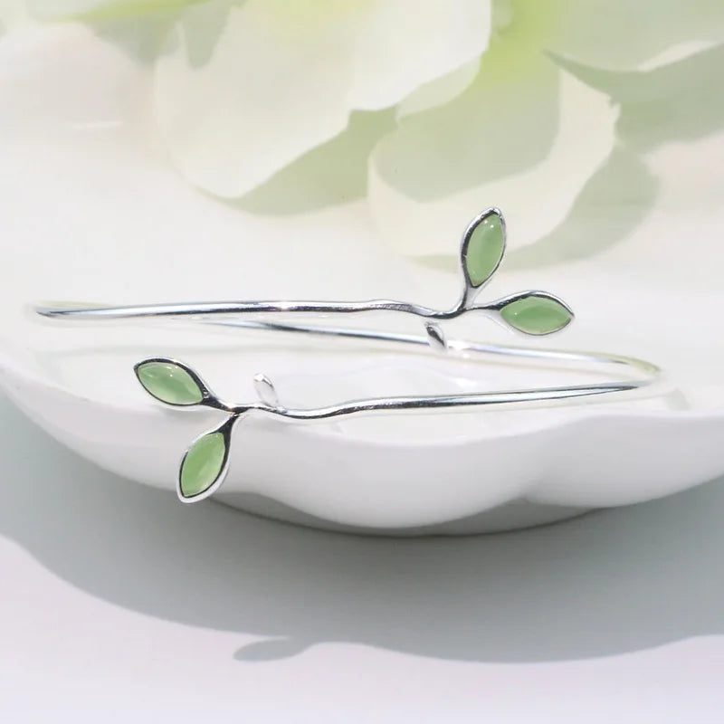 Quiet Bloom | Green Leaf 925 Sterling Silver Bangle