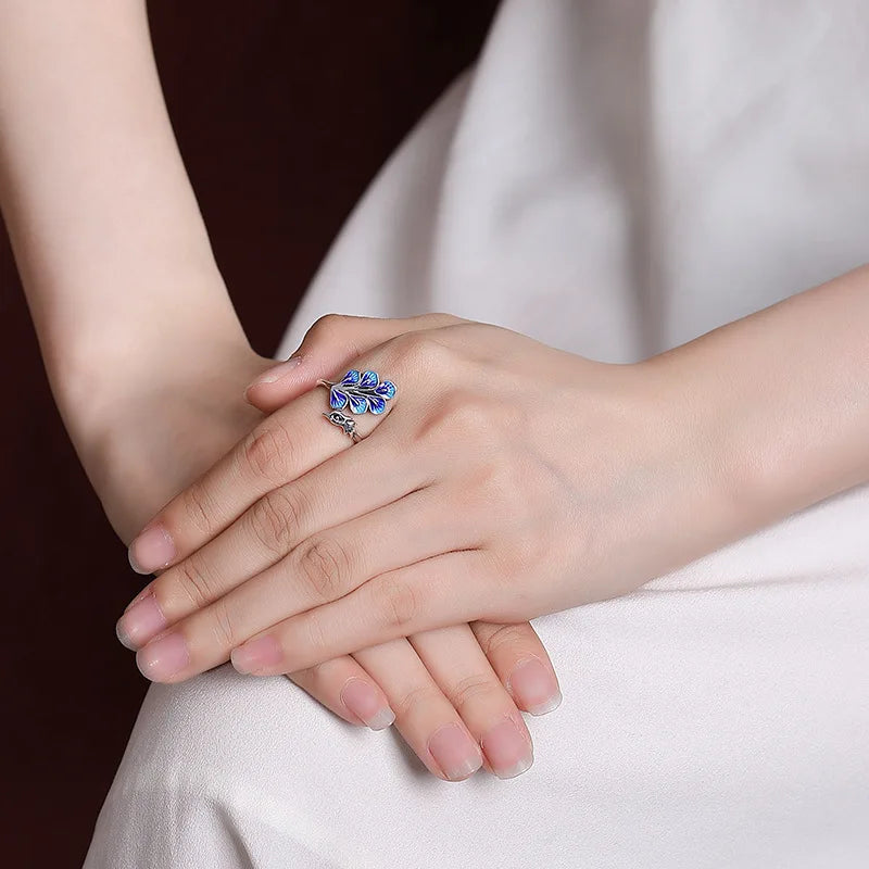 Peacock Whisper | Blue Enamel Adjustable Ring | Water Element Intuition Jewelry