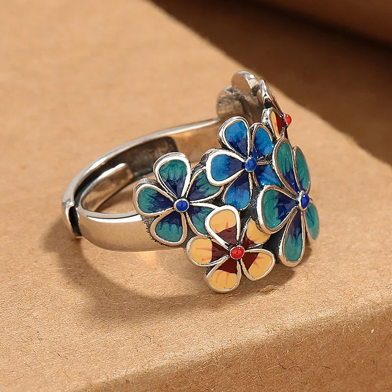 Blooming Flow | Water Element Floral Enamel Ring | Adjustable Statement Jewelry