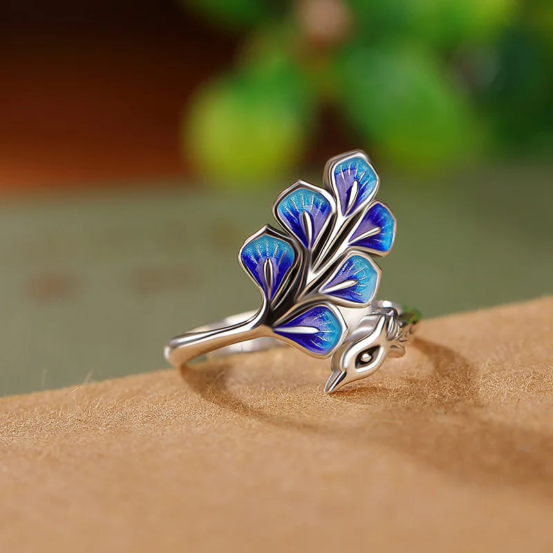 Peacock Whisper | Blue Enamel Adjustable Ring | Water Element Intuition Jewelry