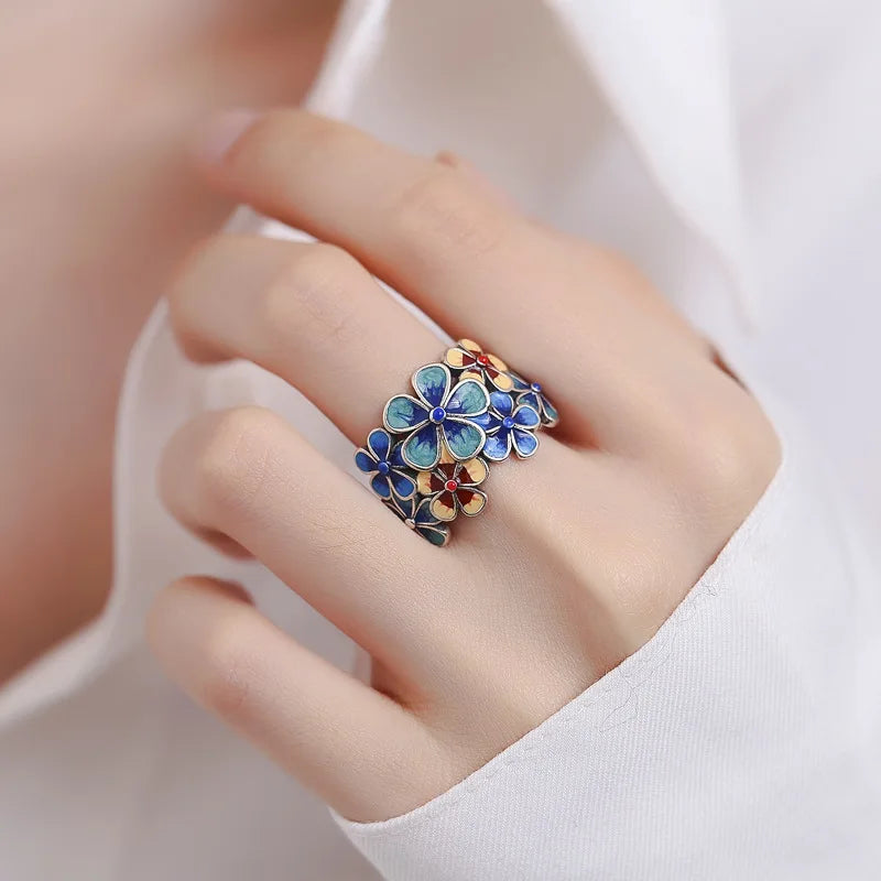 Blooming Flow | Water Element Floral Enamel Ring | Adjustable Statement Jewelry
