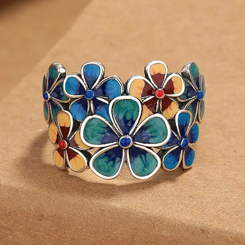 Blooming Flow | Water Element Floral Enamel Ring | Adjustable Statement Jewelry