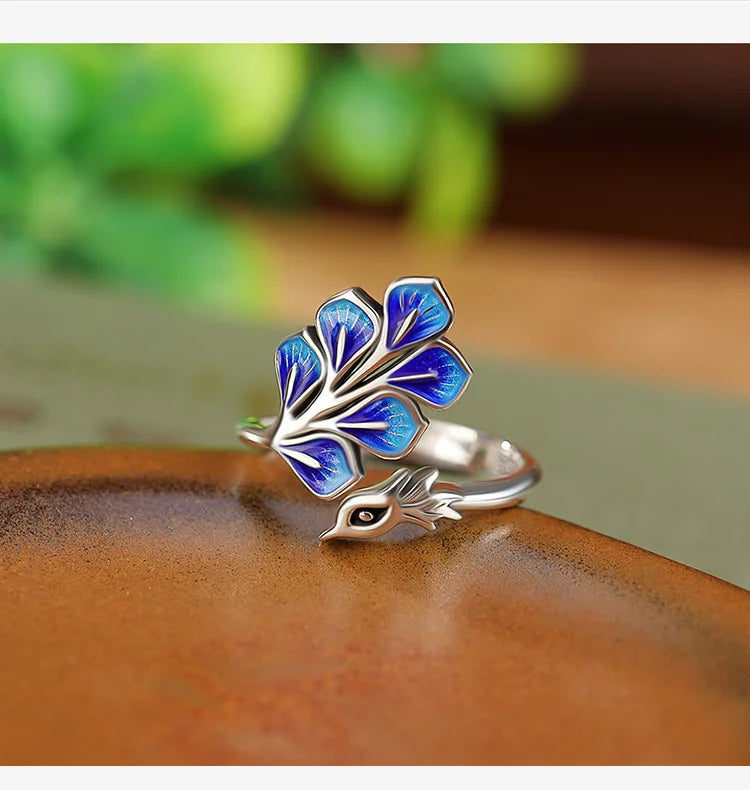 Peacock Whisper | Blue Enamel Adjustable Ring | Water Element Intuition Jewelry