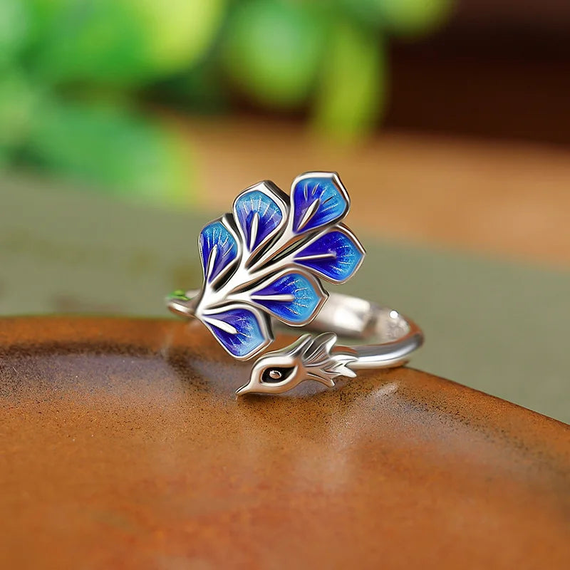 Peacock Whisper | Blue Enamel Adjustable Ring | Water Element Intuition Jewelry