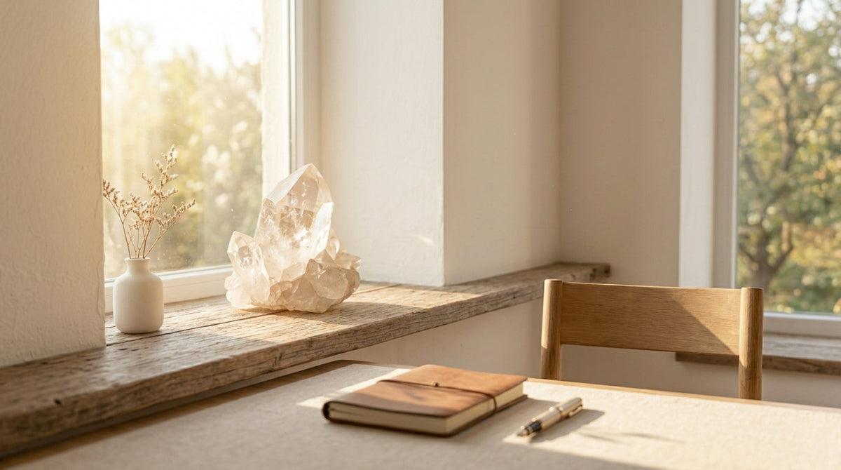 A sunlit wooden desk by a window, with a clear quartz crystal and a small vase of dried flowers on the sill and a leather notebook and pen on the desk