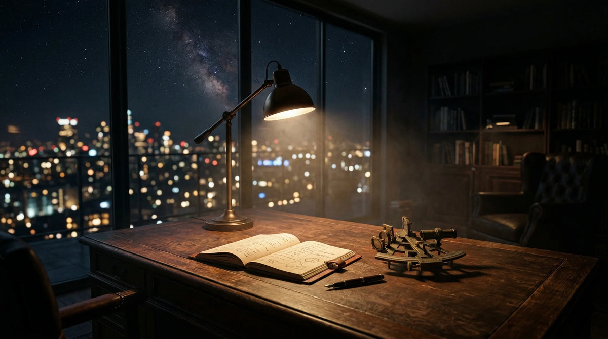 A wooden desk at night with a lit desk lamp, an open book, a pen and a sextant, in front of tall windows overlooking city lights under a starry sky