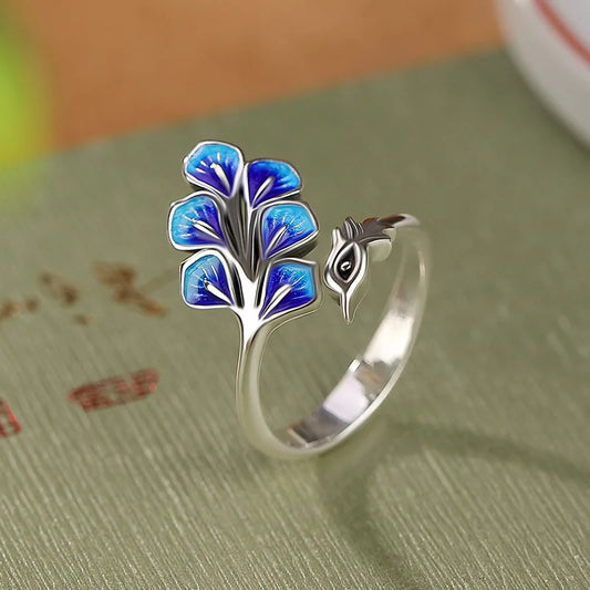Peacock Whisper | Blue Enamel Adjustable Ring | Water Element Intuition Jewelry