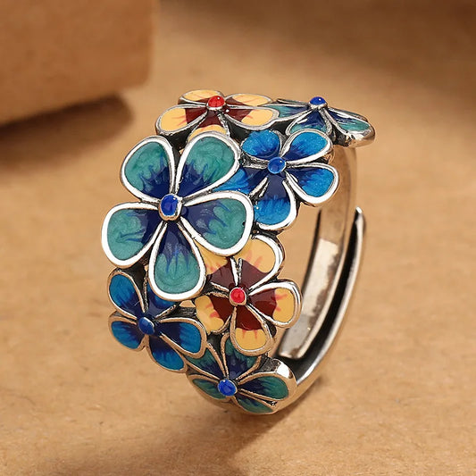 Blooming Flow | Water Element Floral Enamel Ring | Adjustable Statement Jewelry