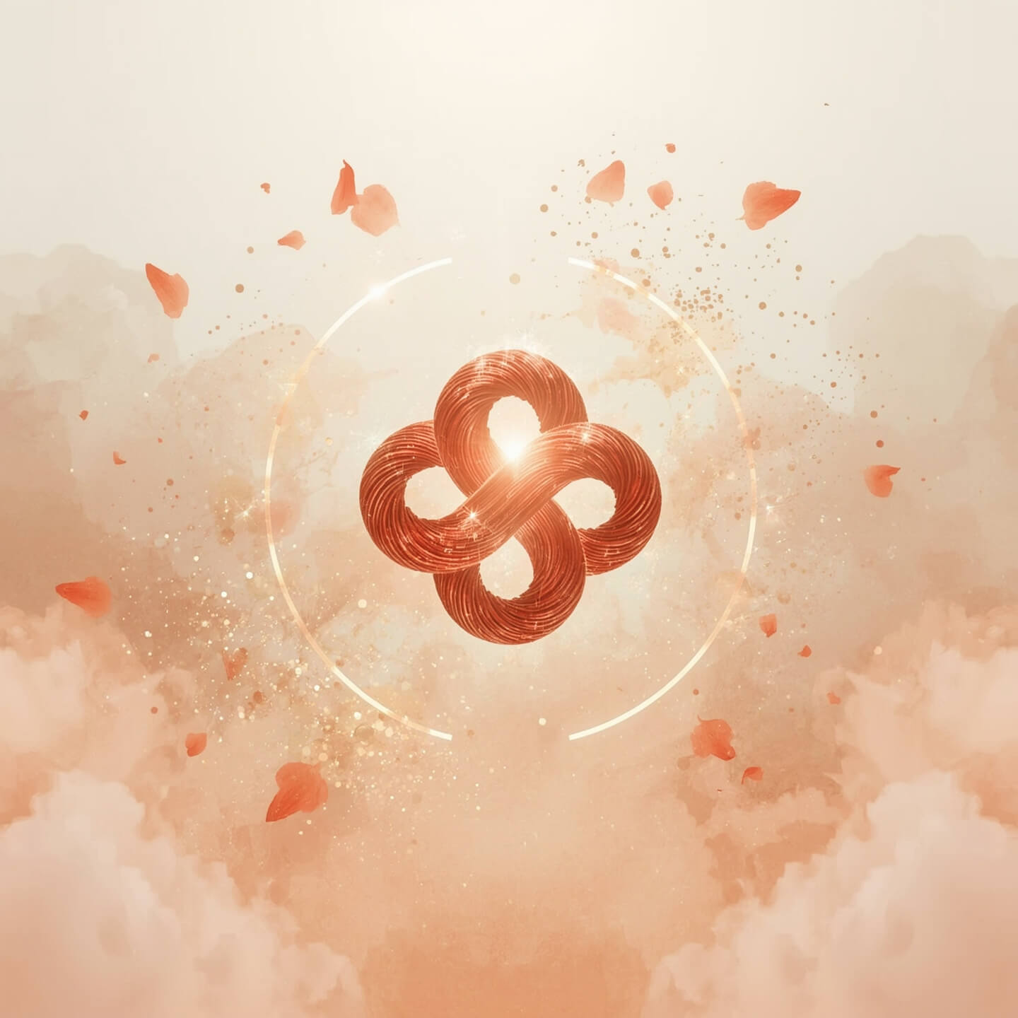 Decorative symbol with a glowing effect on a soft, pastel background with heart shapes.